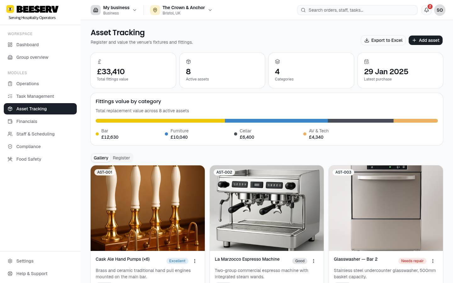 Beeserv asset tracking gallery showing venue equipment with photos and values