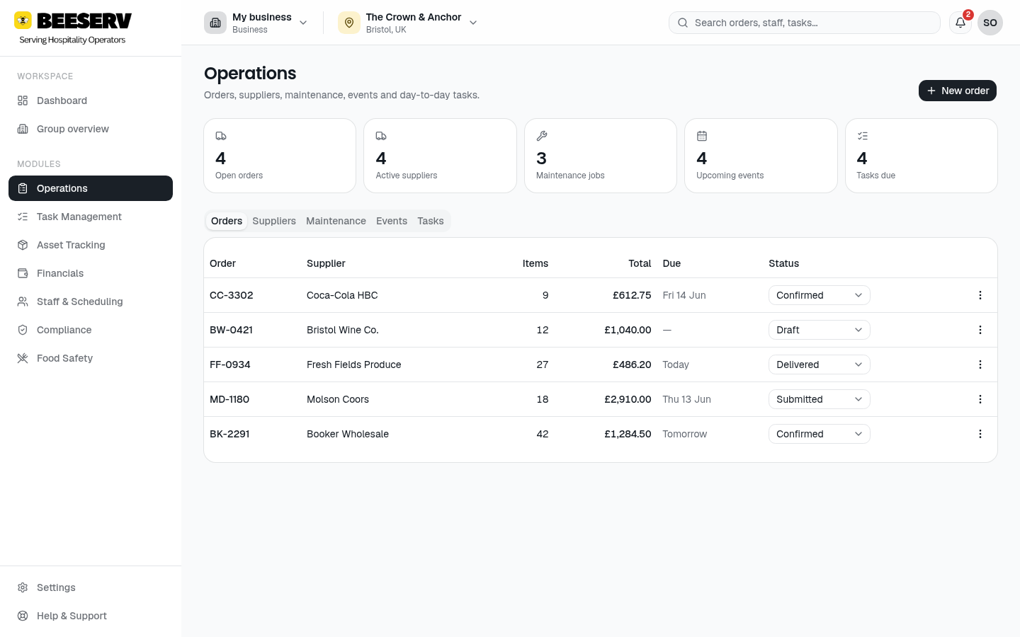 Beeserv operations page listing purchase orders with suppliers, totals and status